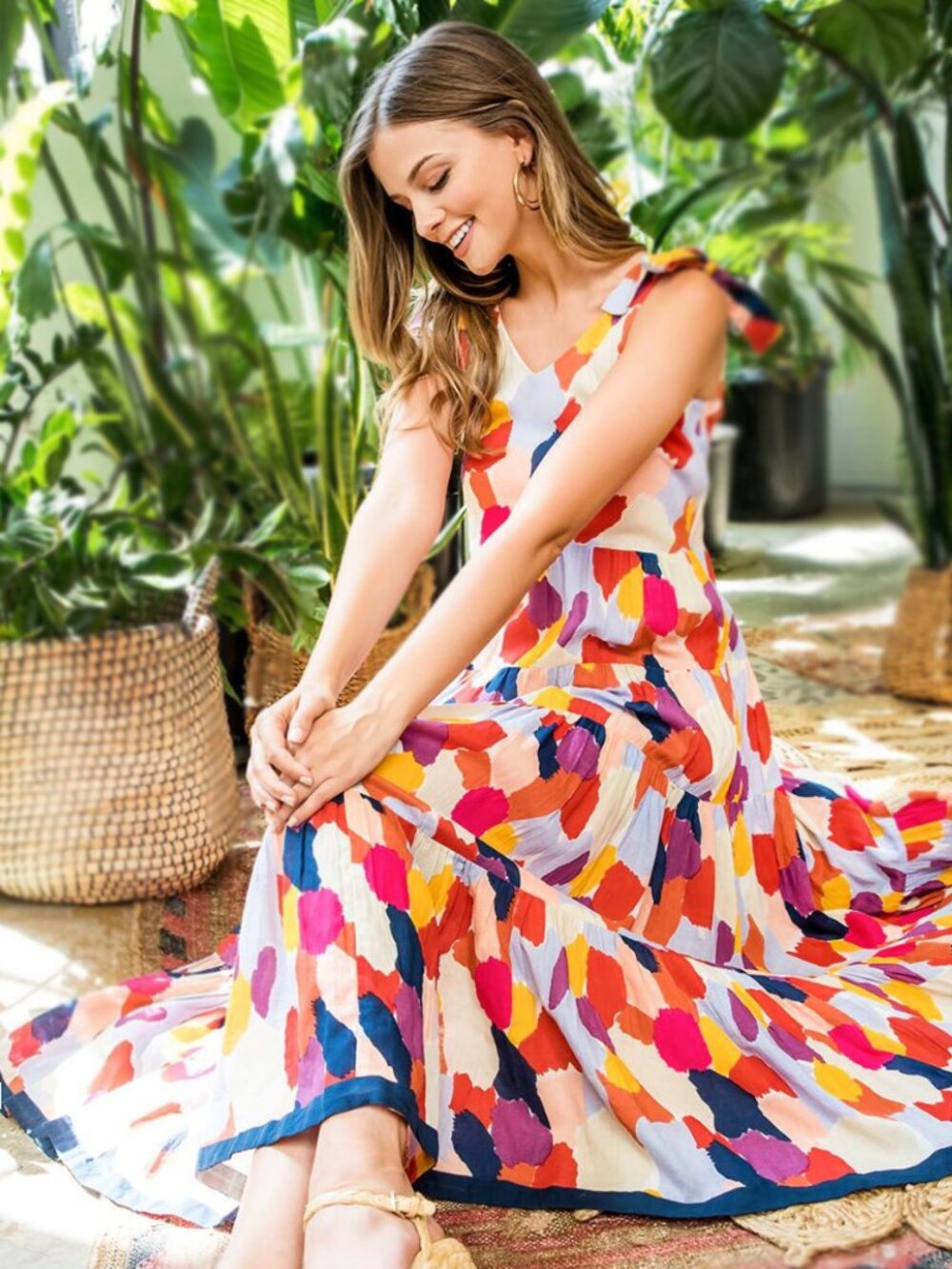 THML MABLI COLORFUL COTTON MIDI MAXI DRESS FLOWY BOHO COASTAL CHIC ROMANTIC  S